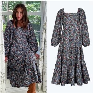 Summersalt The Tiered Puff Sleeve Floral Cottage Core Midi Square Neck Dress